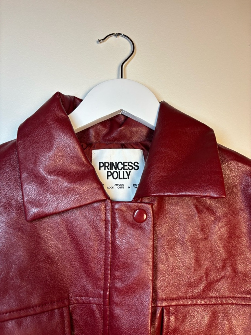 Princess Polly Callie Burgundy Faux Leather Bomber Jacket, size 6 - Picture 6 of 12